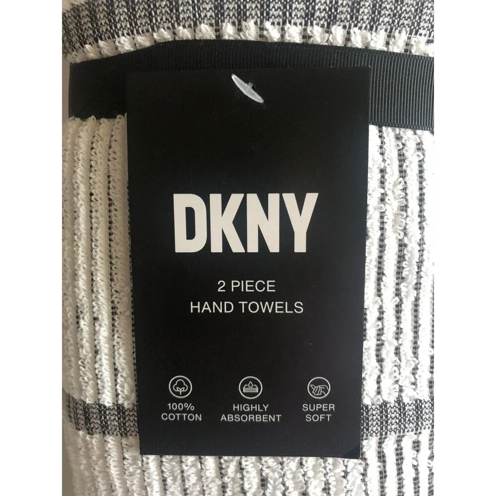 DKNY Hand Towels Stripe Bathroom White Black Pink Absorbent 100% Cotton Set of 2